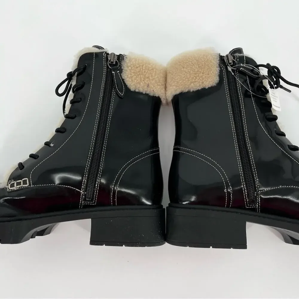 Coach Leighton Combat Boots Black Shearling Trim Lace-Up - Size 8.5